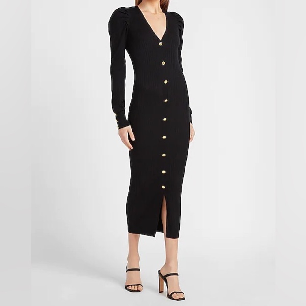 Express Ribbed Puff Sleeve Button Front Sweater Dress